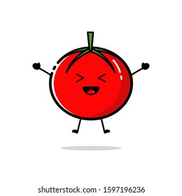 Tomato character who is jumping while raising both hands with a cute expression
