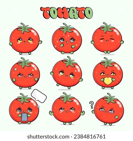 Tomato characters bundle set. Vector hand drawn doodle style cartoon character illustration icon design. Isolated on light green background. Cute tomato mascot character collection