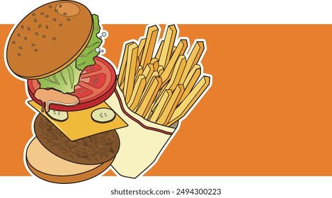 Tomato and cheese burger and french fries illustration