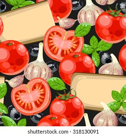 Tomato, cheese and garlic vector seamless background