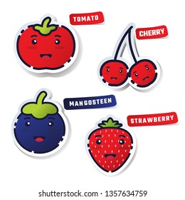 Tomato, cherry, mangosteen and strawberry stickers that look cute and attractive with a smiling face on a white background.