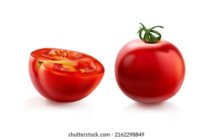Cereza de tomate, tomates rojos enteros y medio con tallo verde, ilustración vectorial realista aislada en fondo blanco. Pomodoro en rodajas, verduras orgánicas en bruto