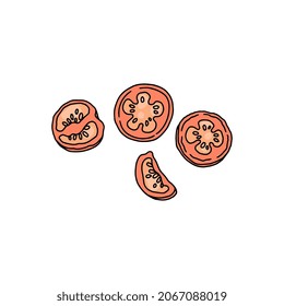 Tomates de tomate o de cereza cortados y cortados, ilustraciones vectoriales coloreadas a mano aisladas en fondo blanco. Ingrediente alimenticio vegetal sano de tomate.