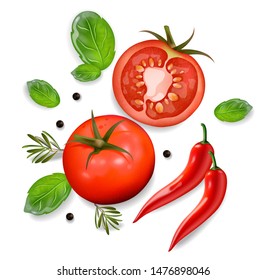 Tomato and chili isolated vector realisic. 3d illustration white background
