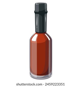 Tomato or chili spicy sauce in cartoon glass bottle. Blank package of ketchup product with black cap, pepper and spices, cartoon chilli sauce in flask for junk food and snacks vector illustration