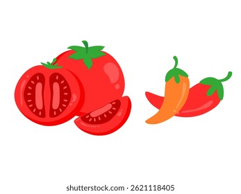Tomato and chilli set. Food and vegetables illustration. Cooking element