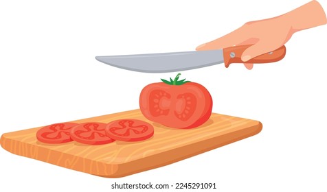 Tomato chopping on cutting board. Cartoon cooking icon isolated on white background