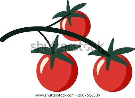 Tomato cluster on a curved stem with glossy red surfaces. Minimal cartoon style with bold shapes and solid colors. White background. Ideal for recipe cards, kitchen wall art, vegetable guides, and