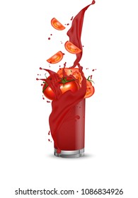 Tomato cocktail. Splash swirl in the realistic glass. Red Tomatoes slices falling into the glass cup isolated on white. Vector. 