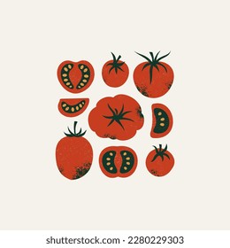 Tomato collection. Whole and half cut tomatoes. Textured retro style. Tomatoes vector illustration