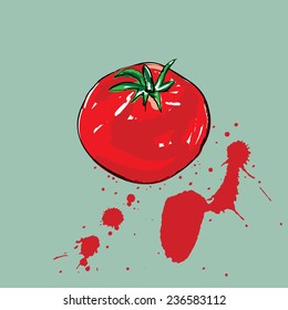 Tomato with colorful splashes. Vector sketch.