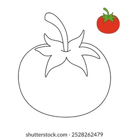 Dibujos para colorear de tomate para niños. Trazo y color del tomate. Vector de contorno de Clipart de tomate. Hojas de trabajo de jardín de infantes y preescolar imprimibles para niños. Tomate vegetal aislado sobre fondo blanco. 