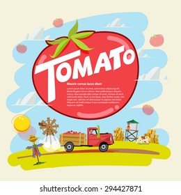 tomato concept. farm truck with tomato run across farm scence. farmer guy. Agricultural. presentation concept. typographic - vector illustration