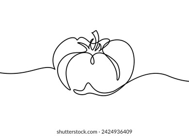 Tomato in continuous line art drawing style. Ripe tomato fruit black linear sketch isolated on white background. Vector illustration