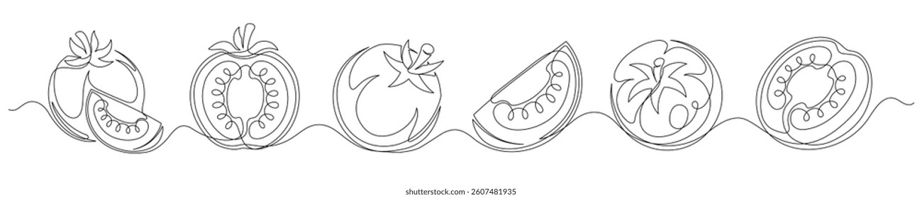 Tomato continuous one line drawing set isolated on a white background. Editable stroke. Outline tomato vegetable collections. Horizontal banner. Vector illustration