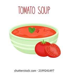 Tomato cream soup in bowl, vector Illustration