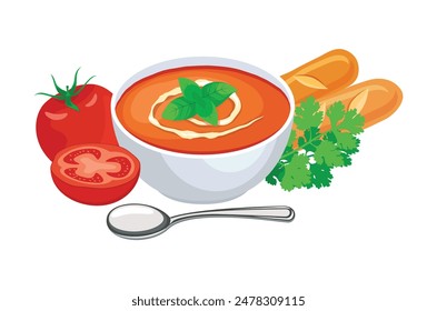 Tomato creamy soup vector illustration. Bowl of tomato soup icon set vector isolated on a white background. Tomato soup, parsley and baguette drawing