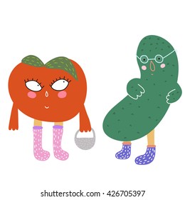 tomato and cucumber alive . Love vegetables, vegetables vivid look at each other. 
Tomato and cucumber smiling 