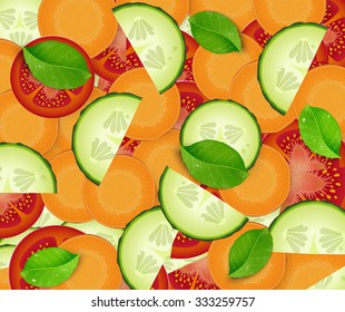 tomato, cucumber carrot  and basil leaves salad dish  close up, fresh vegetarian dish, vector