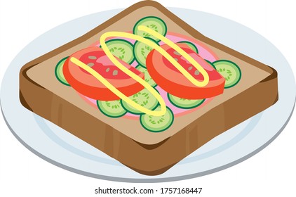 Tomato and cucumber ham toast served on a plate