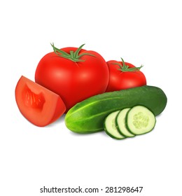Tomato and cucumber isolated on white. High quality vector. EPS10 vector