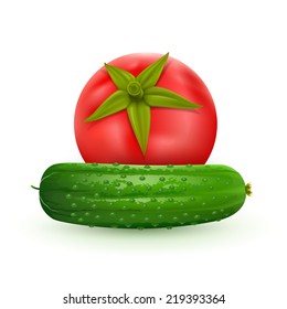 Tomato and cucumber on a white background. Vector illustration