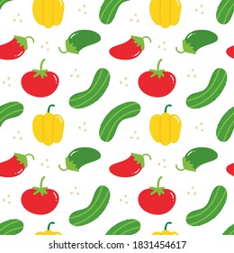 Tomato, cucumber, pepper vegetables vector seamless pattern background for vegan food, healthy eating design.