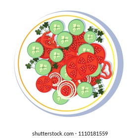 tomato and cucumber salad, flat style, vector illustration isolated on white background