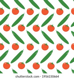 tomato and cucumber seamless pattern. Cartoon style. Endless background for textiles, vegetable packaging, greenhouse advertising, agricultural photo zones, eco shops. Vector illustration, flat