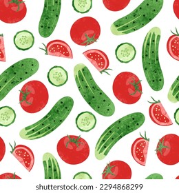 Tomato and cucumber seamless pattern. Vector watercolor vegetables background
