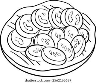 Tomato and cucumber slice on plate black and white vector line art illustration