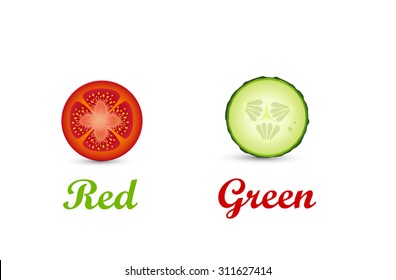 tomato and cucumber slices on white background, color inscription conversely, attentiveness to color, color  illusion for red and green inscription