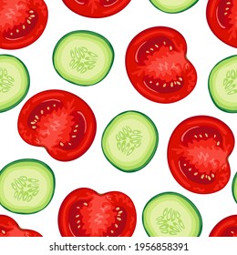 Tomato and cucumber slices seamless pattern. Fresh vegetables background. Vector food illustration in cartoon flat style.