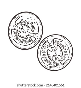 Tomato cut in half hand engraving. Tomato parts isolated vector sketch. Vegetable vintage image organic healthy food