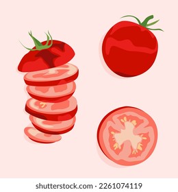 Tomato cut in half and a whole tomato. Slices of tomato. Vector illustration. Healthy food. Diet food. Veganism.