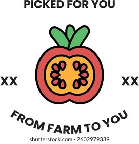 A tomato is cut in half and the words picked for you"are written below it