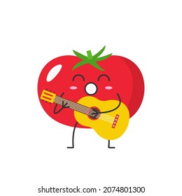 Tomato cute character cartoon plays the guitar sings smiling face emotions joy happy ripe red tomatoes icon beautiful vector illustration.