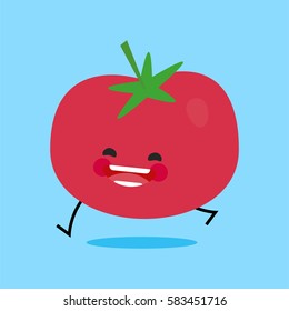 tomato with cute face. Illustration funny and healthy food cartoon. Blue background
