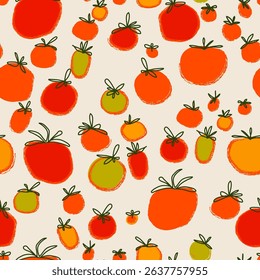 Tomato Cute Seamless Pattern. Abstract Hand Drawn Tomato Repeat Background. Vegetable Seamless Pattern for Prints, Home Decoration, Fabric, Textile, Surface Design. Vector. Not AI