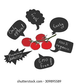 Tomato with cute speech bubbles.
