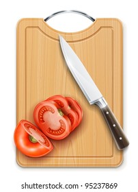 tomato cuted segment with knife on hardboard vector illustration isolated on white background gradient mesh used EPS10. Transparent objects used for shadows and lights drawing