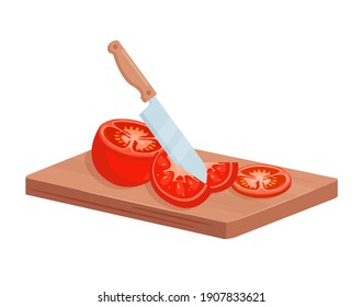 Tomato cutting with chef knife isometric vector illustration. Cartoon 3d cooking fresh healthy meal with vegetable ingredient, ripe slices and pieces of red tomato on wooden board isolated on white