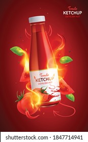 Tomato devilish hot spicy ketchup realistic poster vector illustration