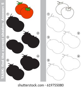 Tomato with different shadows to find the correct one, compare and connect object with it true shadow, the educational kid game with simple gaming level.