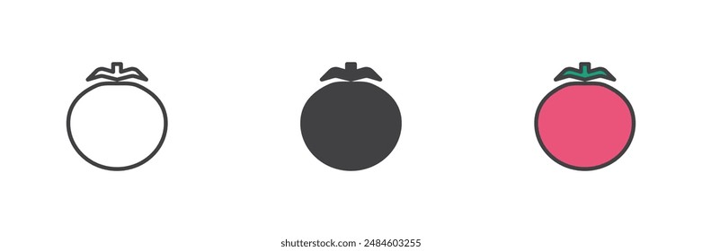 Conjunto de iconos de diferentes estilos de tomate. Línea, glifo y contorno relleno versión colorida, contorno y Vector relleno signo. Símbolo, ilustración del logotipo. Vector gráfico