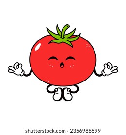 Tomato doing yoga character. Vector hand drawn traditional cartoon vintage, retro, kawaii character illustration icon. Isolated on white background. Tomato relax character