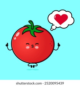 Tomate fazendo ioga com balão de fala. Ícone de ilustração de personagem kawaii desenhado à mão vetor. Isolado no fundo azul. Conceito de personagem de tomate in love