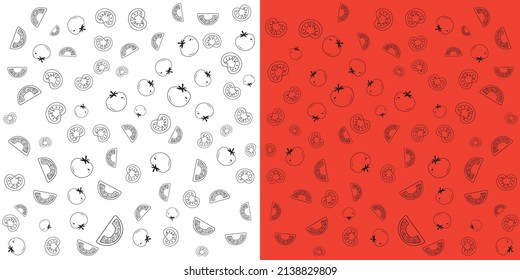 Tomato Doodle Pattern Vector Illustration.  Tomato Slices  Isolated On Red And White Background.