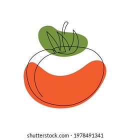 tomato drawn by one black line with red and green spots on a white background