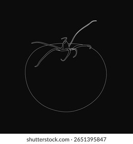 Tomato drawn in a single continuous line against a black background, showcasing stark contrast and simplicity. The minimalistic style highlights the vegetable's shape without additional elements.